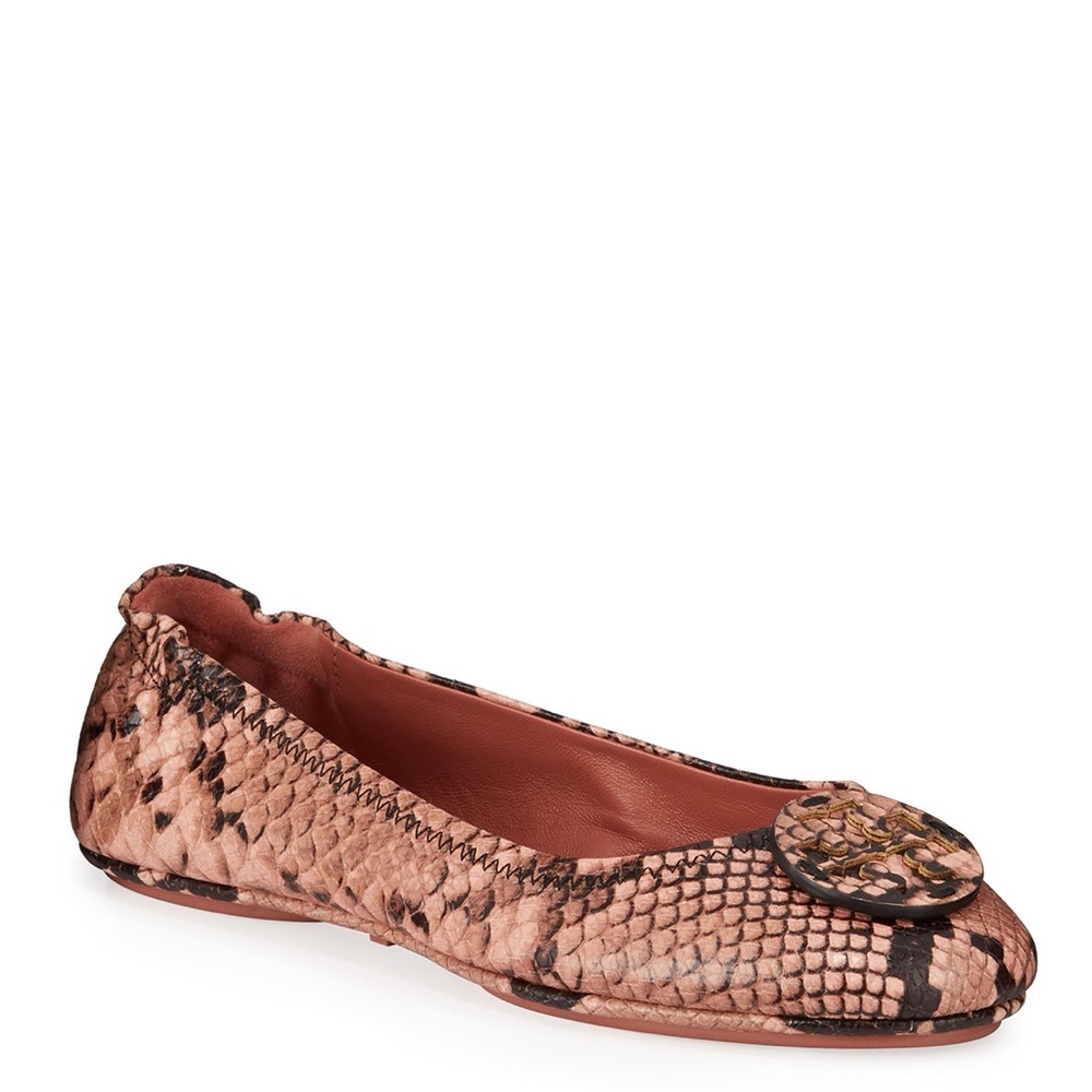 Tory Burch Pink Minnie Travel Snake Print Leather Reva Ballet Flats✨